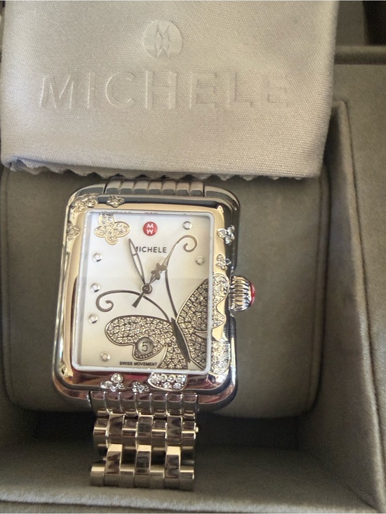 Michele Accessories - Michele Silver Stainless Steel Butterfly Diamond Accent Watch - White Dial